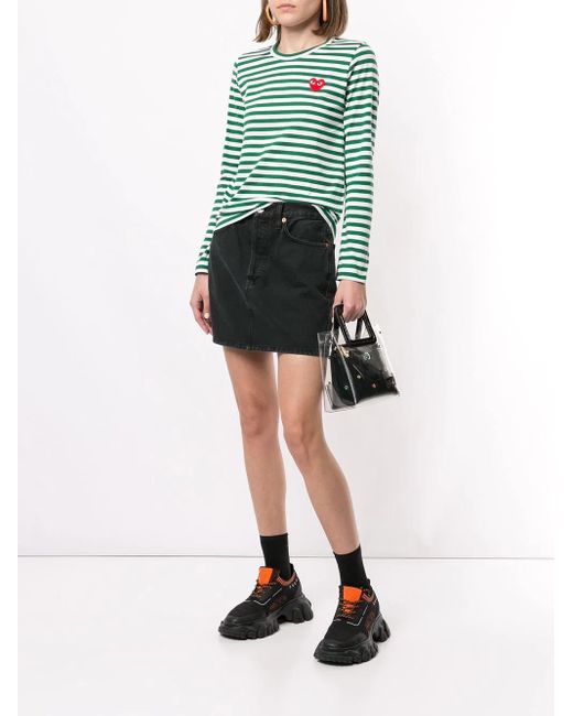 COMME DES GARÇONS PLAY Green Striped Logo-Patch T-Shirt