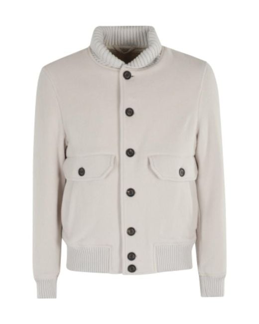 Eleventy White Ribbed Collar Bomber Jacket for men