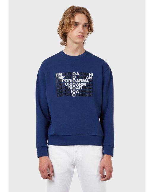 Emporio Armani Blue Logo-Printed Round-Neck Sweater for men
