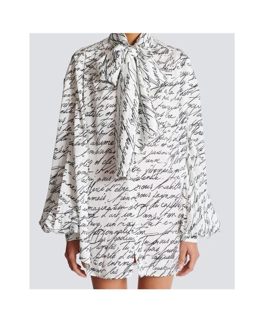 Balmain White Logo Detailed Tie-Neck Blouse