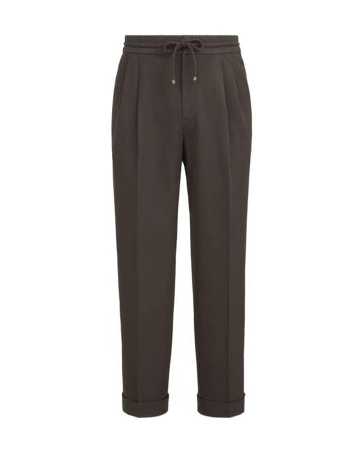 Brunello Cucinelli Gray Garment-Dyed Twisted Cotton Gabardine Trousers With Drawstring And Double Pleats for men