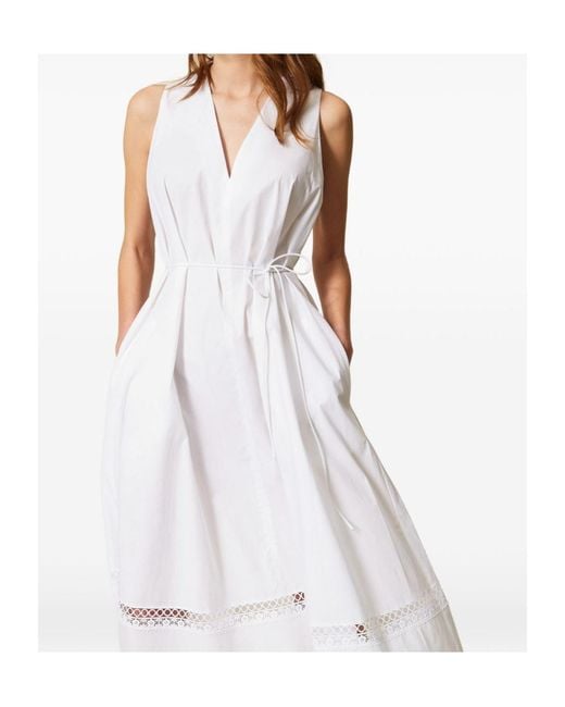 Twinset White Belted Broderie Midi Dress