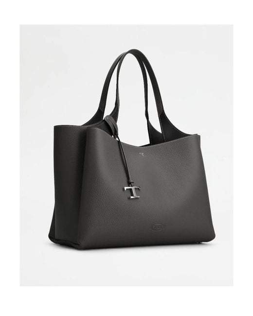 Tod's Black T Timeless Logo Plaque Medium Tote Bag