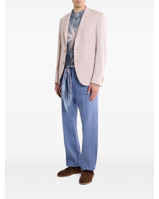 Etro Blue Straight-Leg Linen-Blend Denim Jeans With Pressed Creases for men
