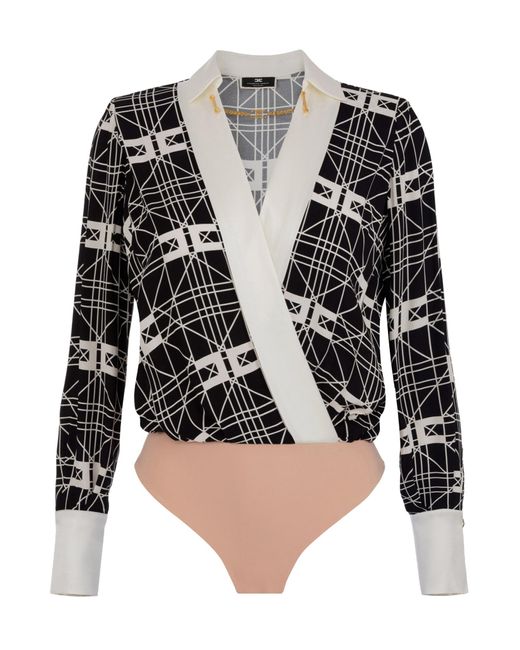 Elisabetta Franchi Black Allover Logo Printed V-Neck Bodysuit