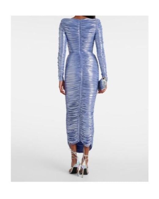Alex Perry Blue Ruched Lamé Midi Dress