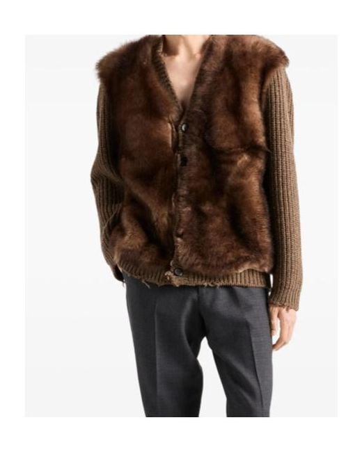 Prada Brown Wool And Shearling Cardigan for men