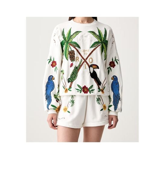 Farm Rio White Bird-Embroidered Sweatshirt