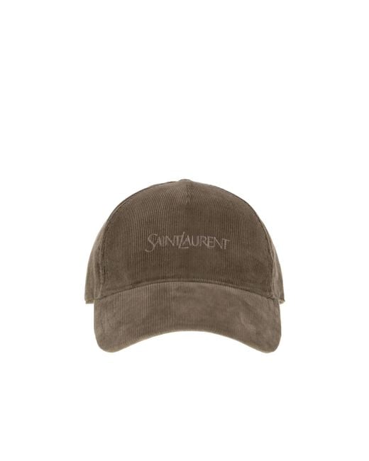 Saint Laurent Brown Corduroy Cap With Embroidered Logo