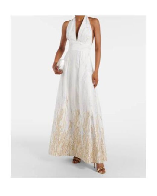 Elie Saab White Embroidered Halterneck Cotton-Blend Gown
