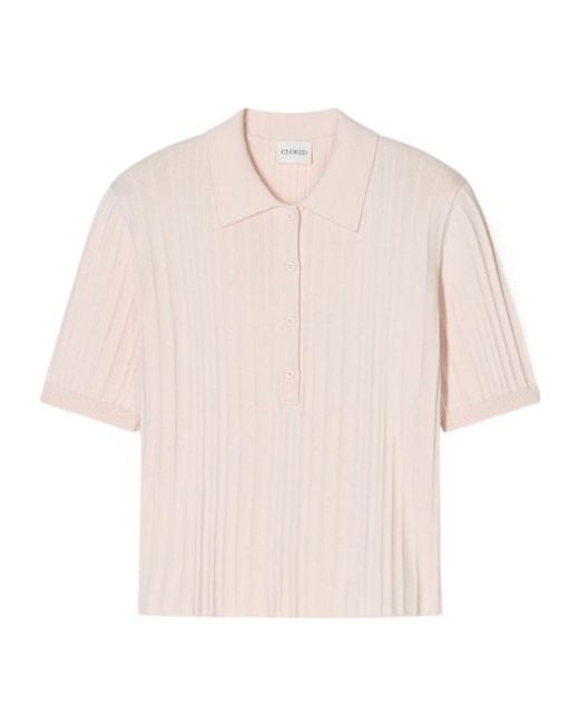 Closed Pink Ribbed Buttoned Polo Top