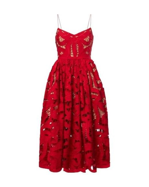 Self-Portrait Red Bow Lace Linen And Cotton Midi Dress