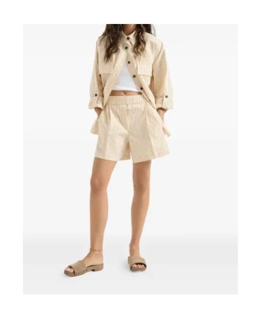 Brunello Cucinelli Natural Techno Cotton Striped Seersucker Shorts With Monili