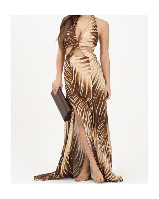 Just Cavalli Natural Long Dress With Leaf Print