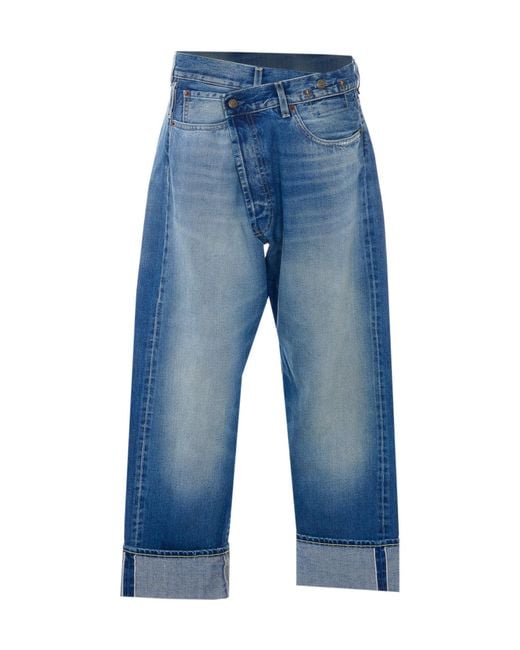 R13 Blue Crossover-Waist Turn-Up Hem Jeans