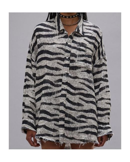 R13 Gray Distressed Zebra Print Shirt
