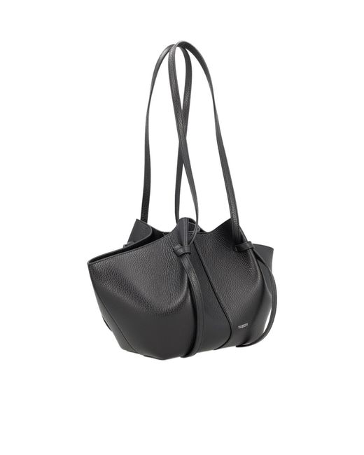 Yuzefi Black Pebble-Grained Pleated Shoulder Bag