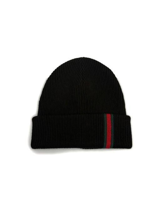 Gucci Black Web Detailed Knitted Beanie for men