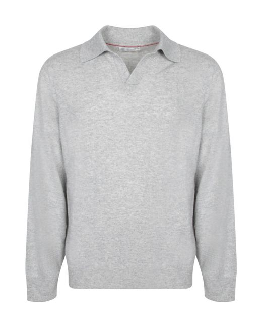 Brunello Cucinelli Gray Long-Sleeved Polo Shirt for men