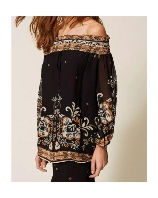 Twinset Black Printed Off-Shoulder Blouse