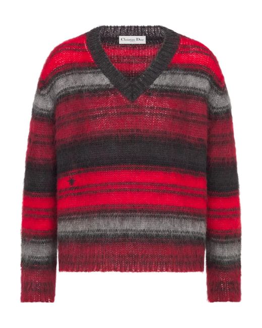 Dior Red Christian Striped V-Neck Jumper