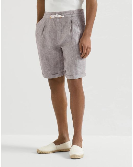 Brunello Cucinelli Gray Linen And Hemp Diagonal Bermuda Shorts With Drawstring And Double Pleats for men