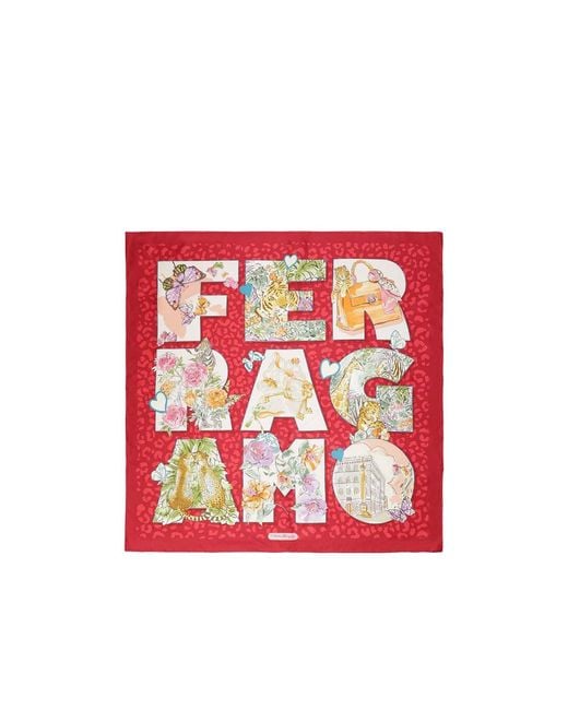 Ferragamo Red Printed Silk Scarf