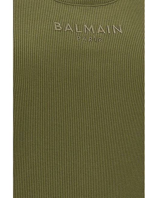 Balmain Green Logo Embroidered Ribbed Tank Top
