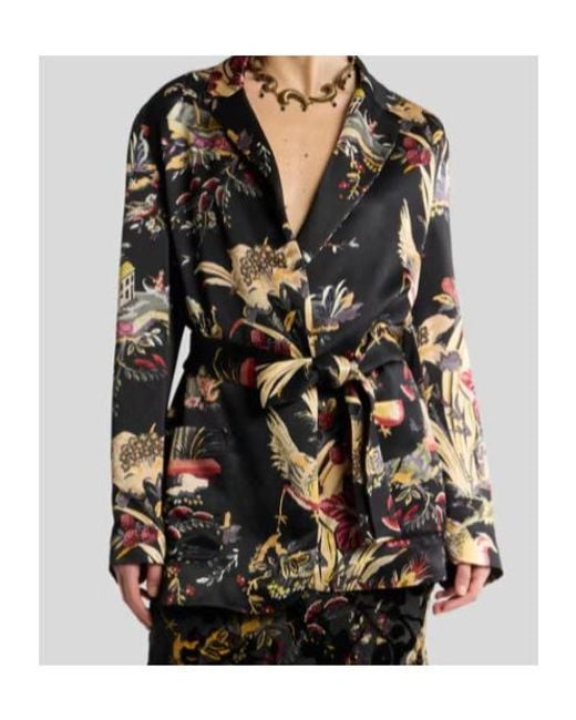 Etro Black Envers Satin Jacket With Belt And Flower And Animal Motif