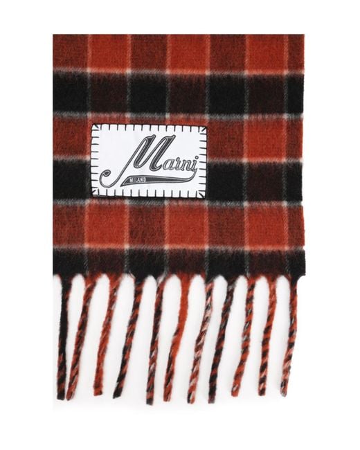Marni Red Checked Fringed Scarf