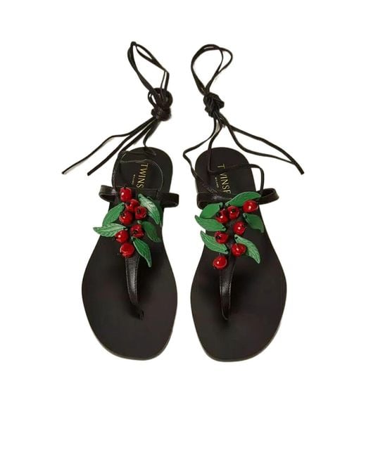 Twinset Multicolor Beaded Ankle-Tie Flat Sandals