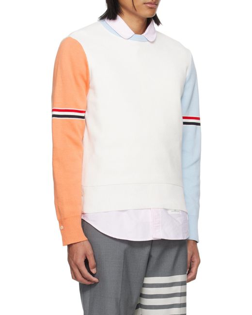 Thom Browne White Color-Block Crewneck Sweater for men