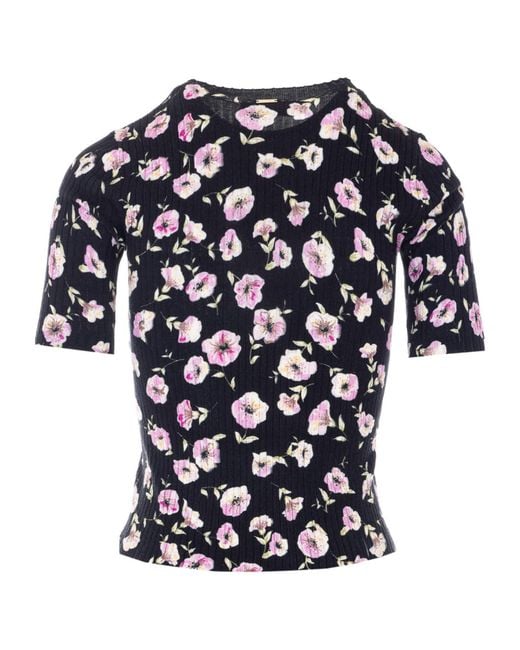 Twinset Blue Crewneck Floral-Print Ribbed T-Shirt