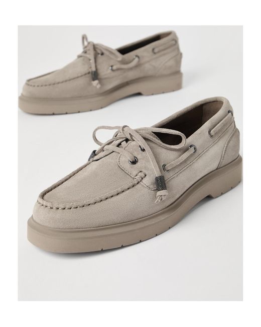 Brunello Cucinelli Gray Monili-Chain Slip-On Boat Shoes