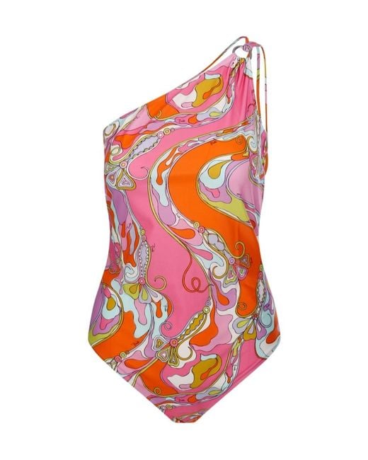 Emilio Pucci White Pucci One-Shoulder Printed Swimsuit
