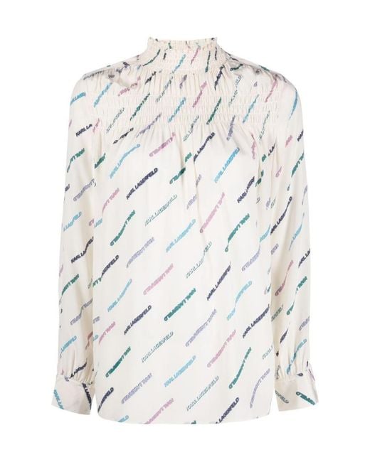 Karl Lagerfeld White All-Over Logo-Printed Blouse