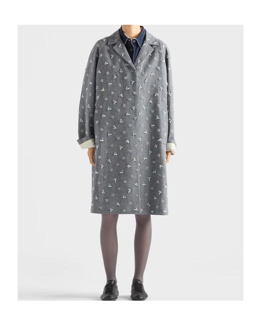 Prada Gray Single-Breasted Embroidered Pinstripe Coat