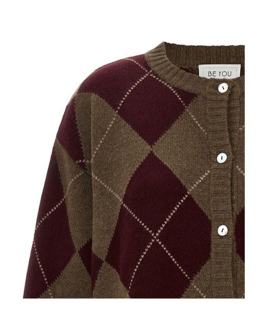 Be You Brown 3035 Boxy Argyle Cardigan
