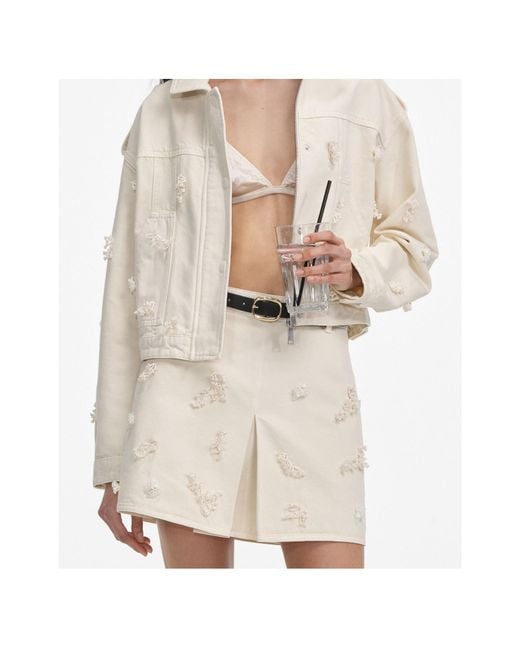 Self-Portrait Natural Beaded Floral Denim Mini Skirt