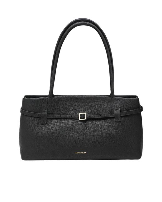 MANU Atelier Black Buckle-Strap Tubular-Handles Tote Bag