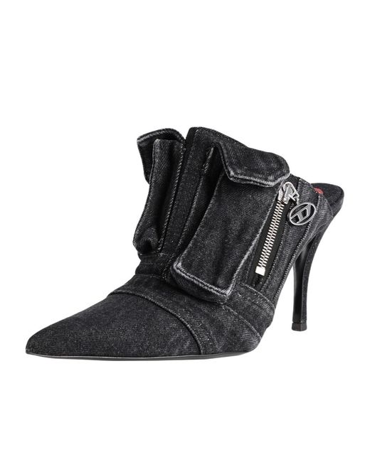 DIESEL Black Pointed-Toe Thin-Heel Stylish Versatile Denim Mules
