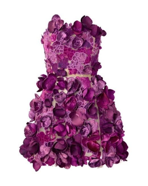 Oscar de la Renta Purple Off-The-Shoulder Floral Appliqué Dress