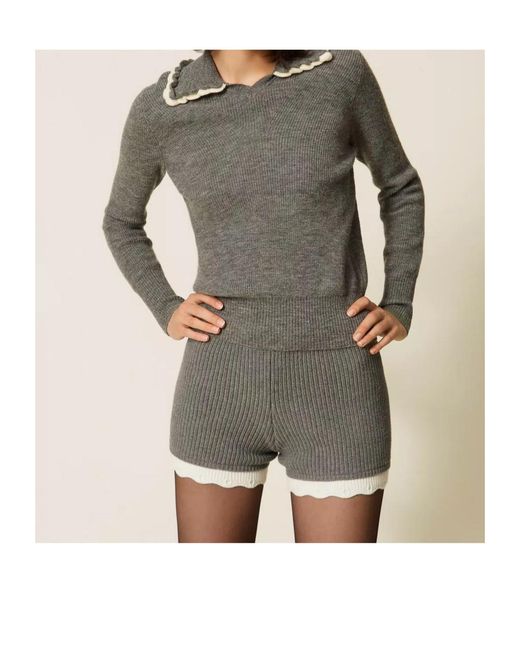 Twinset Gray Knitted Shorts With Scalloped Details