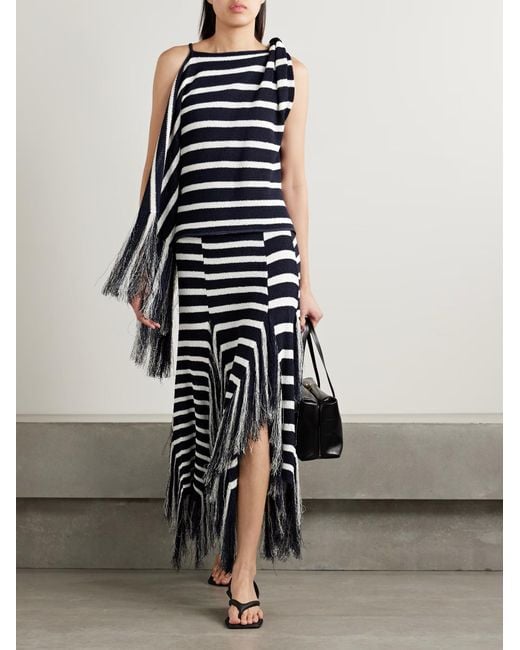 Proenza Schouler Blue Yves Asymmetric Fringed Striped Knitted Maxi Skirt