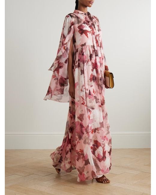 Erdem Red Shawl-Style Floral Print Dress