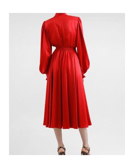 Dolce & Gabbana Red Silk Satin Shirt Dress With Pussy-Bow