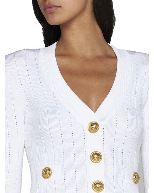 Balmain White Button Embellished Ribbed Knit Cardigan