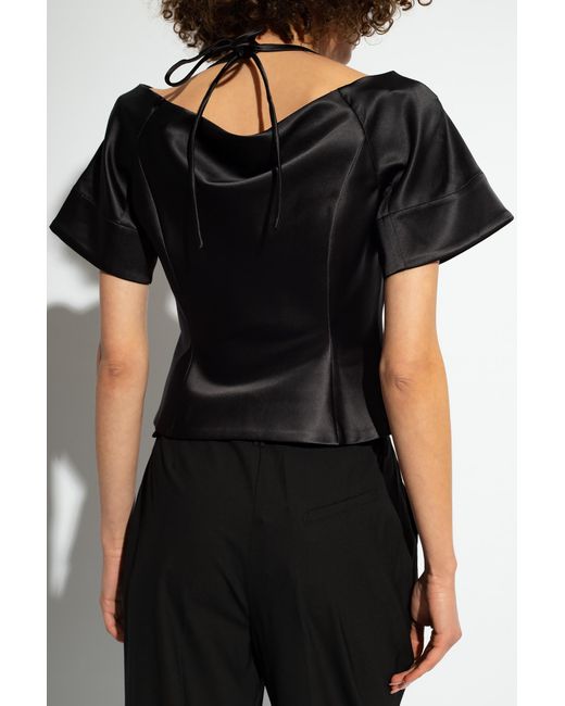 Ganni Black Halterneck Cropped Satin Blouse