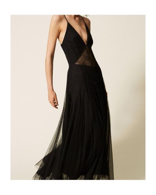 Twinset Black Long Sheer Lace Dress