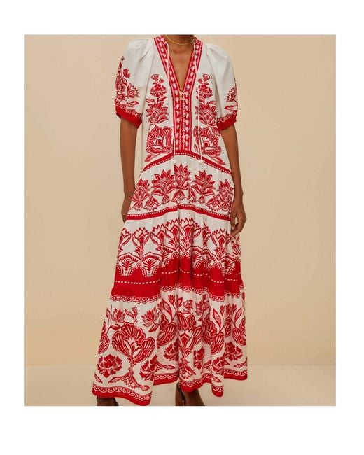 Farm Rio Red Floral-Pattern Puff-Sleeve Midi Dress